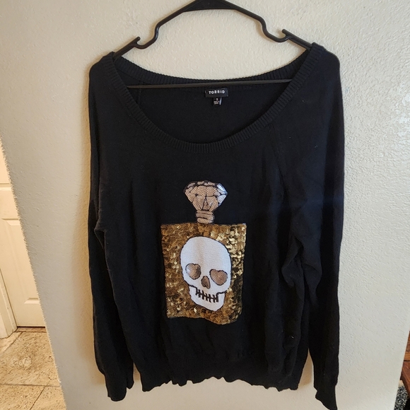 Torrid 1X Skull Perfume Sequin Black Long Sleeve Sweater Goth Witchy - Picture 3 of 7
